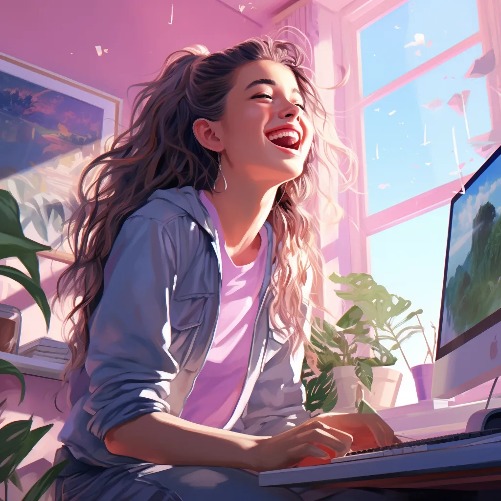 Girl enjoying a free social slot game on a computer